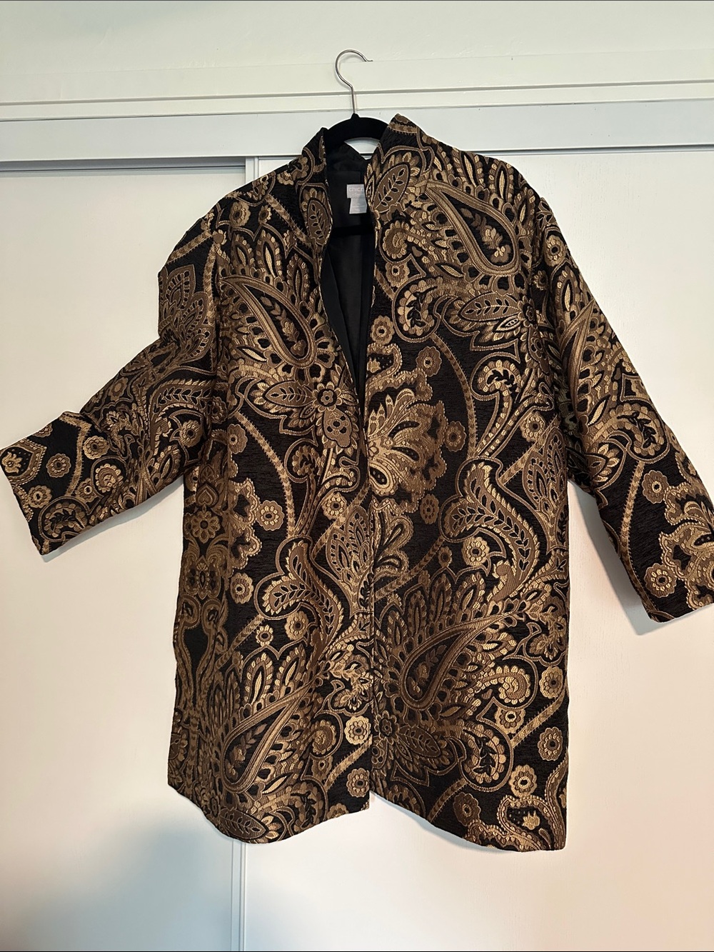 Chico's Black and Gold Paisley Open-Front Jacket